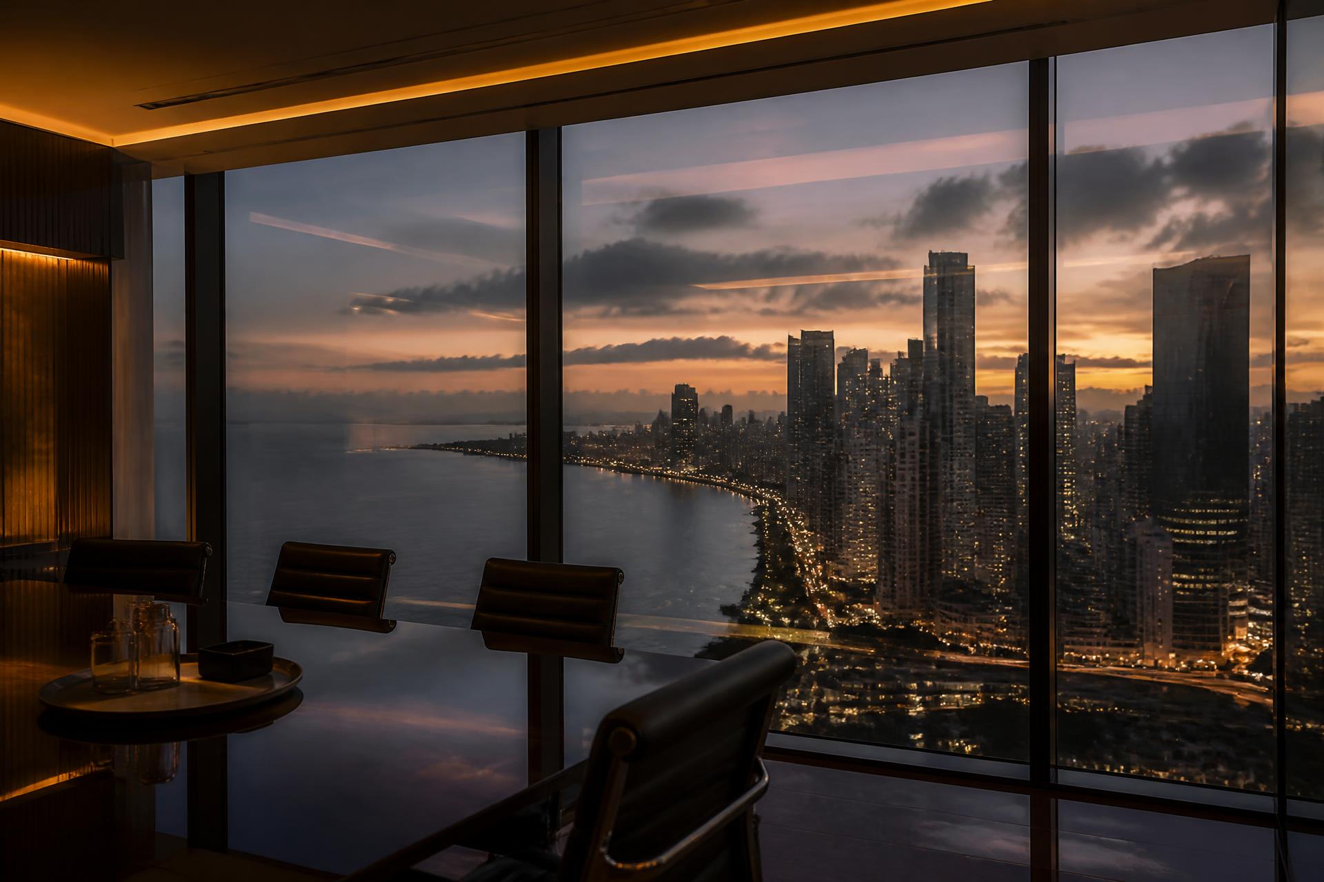 Boardroom overlooking a Philippine coastal city at dusk